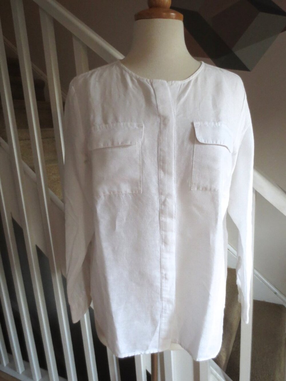 Talbots Linen and Cotton Blend Classic Collarless Shirt Blouse